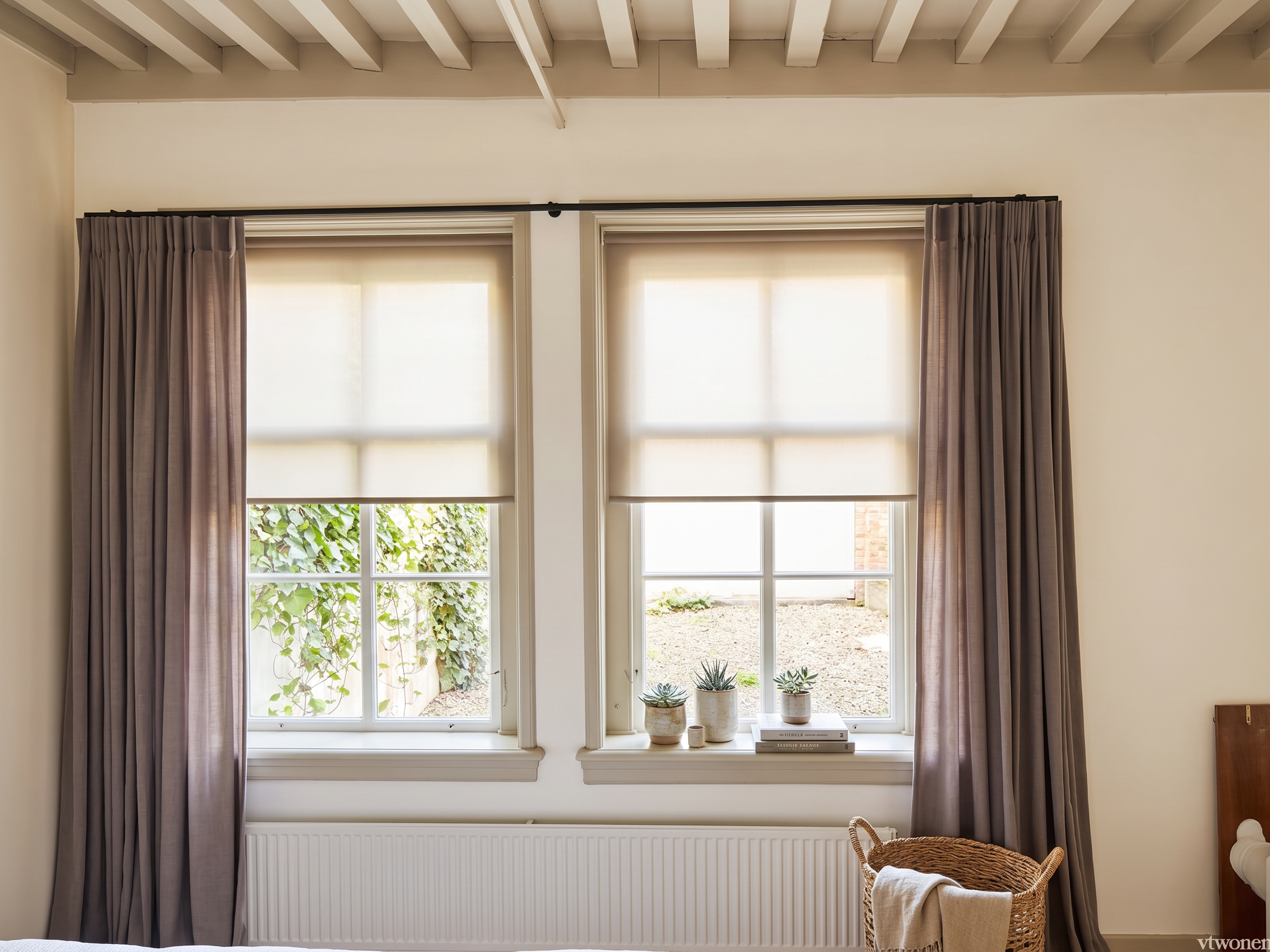 Raamdecoratie met gordijnen en rolgordijnen in een interieur